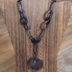Trezo Gunmetal Gray/Grey & Black Chain-Link Necklace w/ Circular Pendant